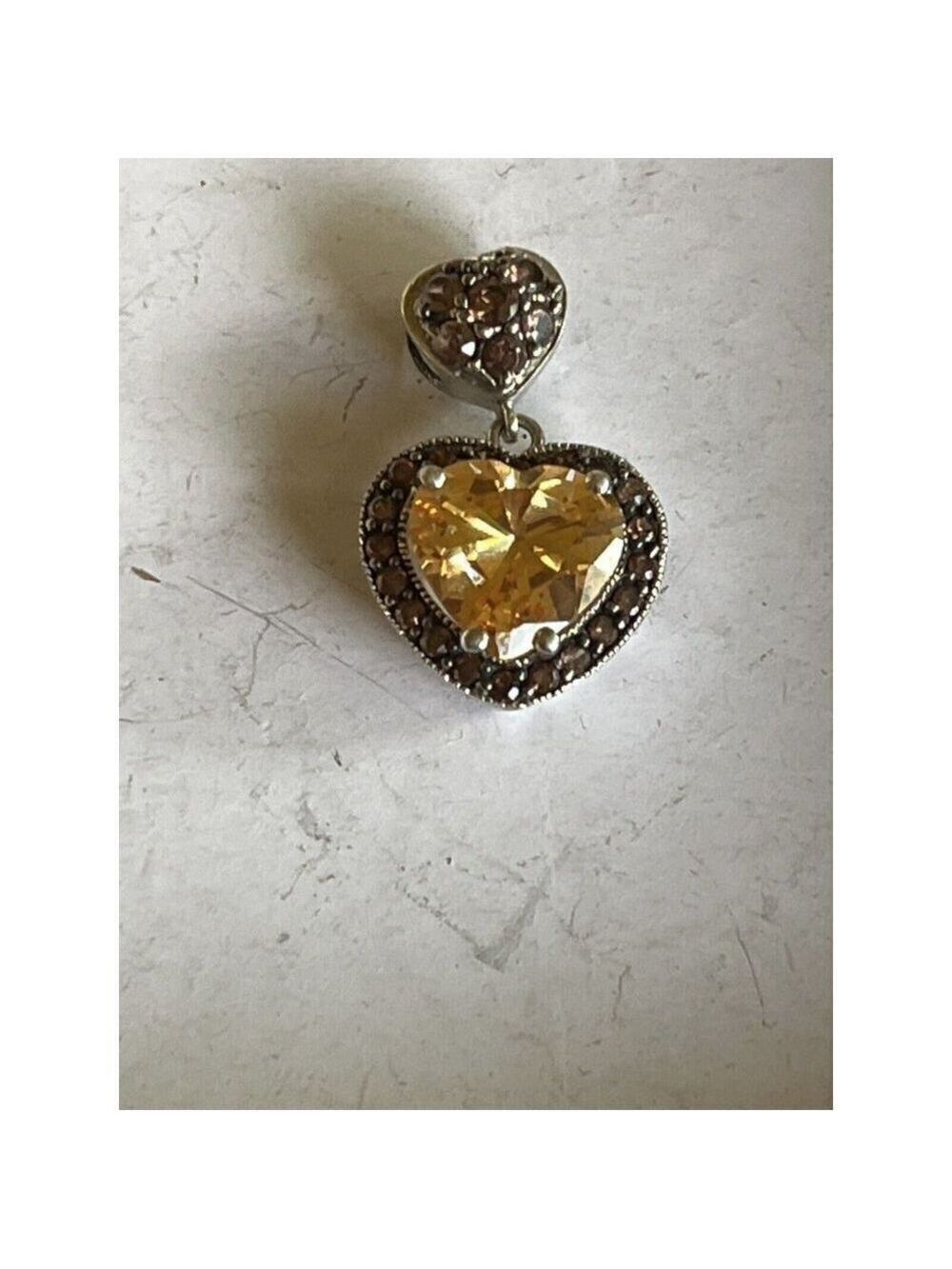 STERLING SILVER 4 CARAT HEART SHAPE GOLDEN PEACH HALO CZ SOLITAIRE PENDANT MA
